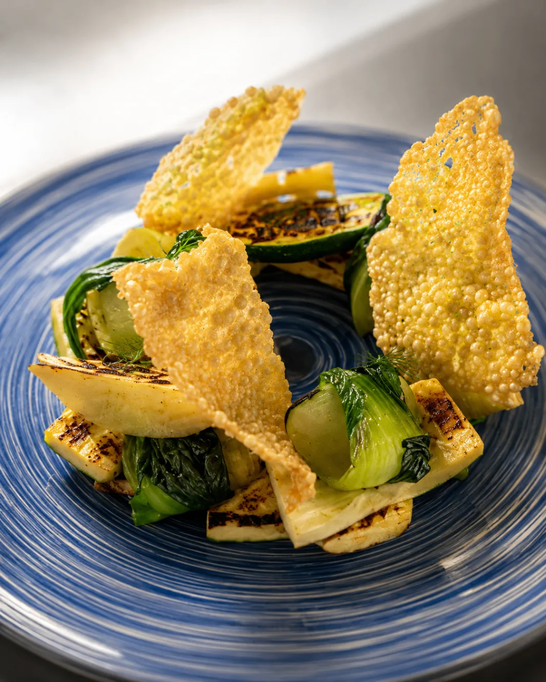 Grilled seasonal vegetables with parmesan lace tuiles