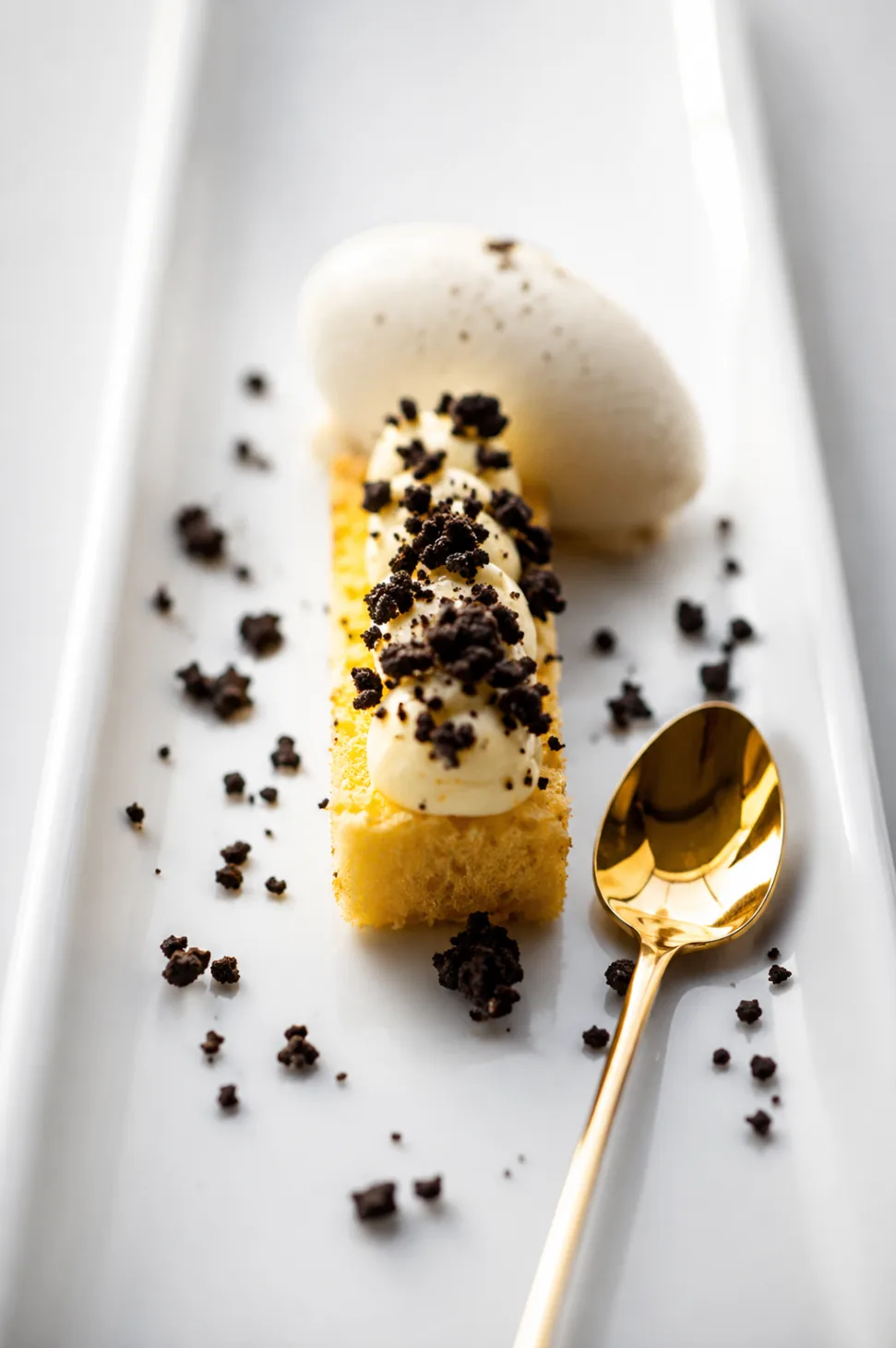Vanilla cream sponge with cookie crumble and gelato