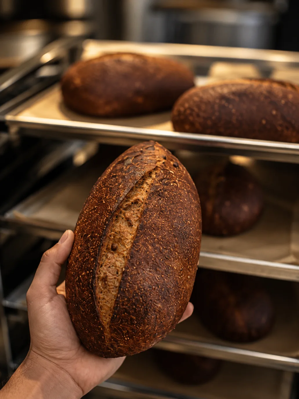 Freshly baked artisan bread loaves in the kitchen