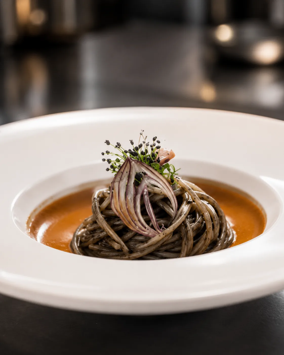 Squid ink spaghetti in red shellfish sauce with onion petals
