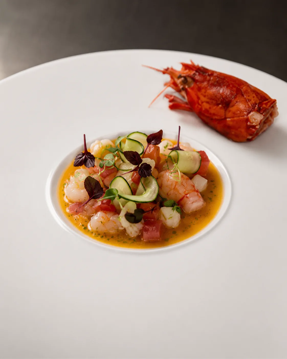 Lobster and prawn crudo with cucumber and shiso