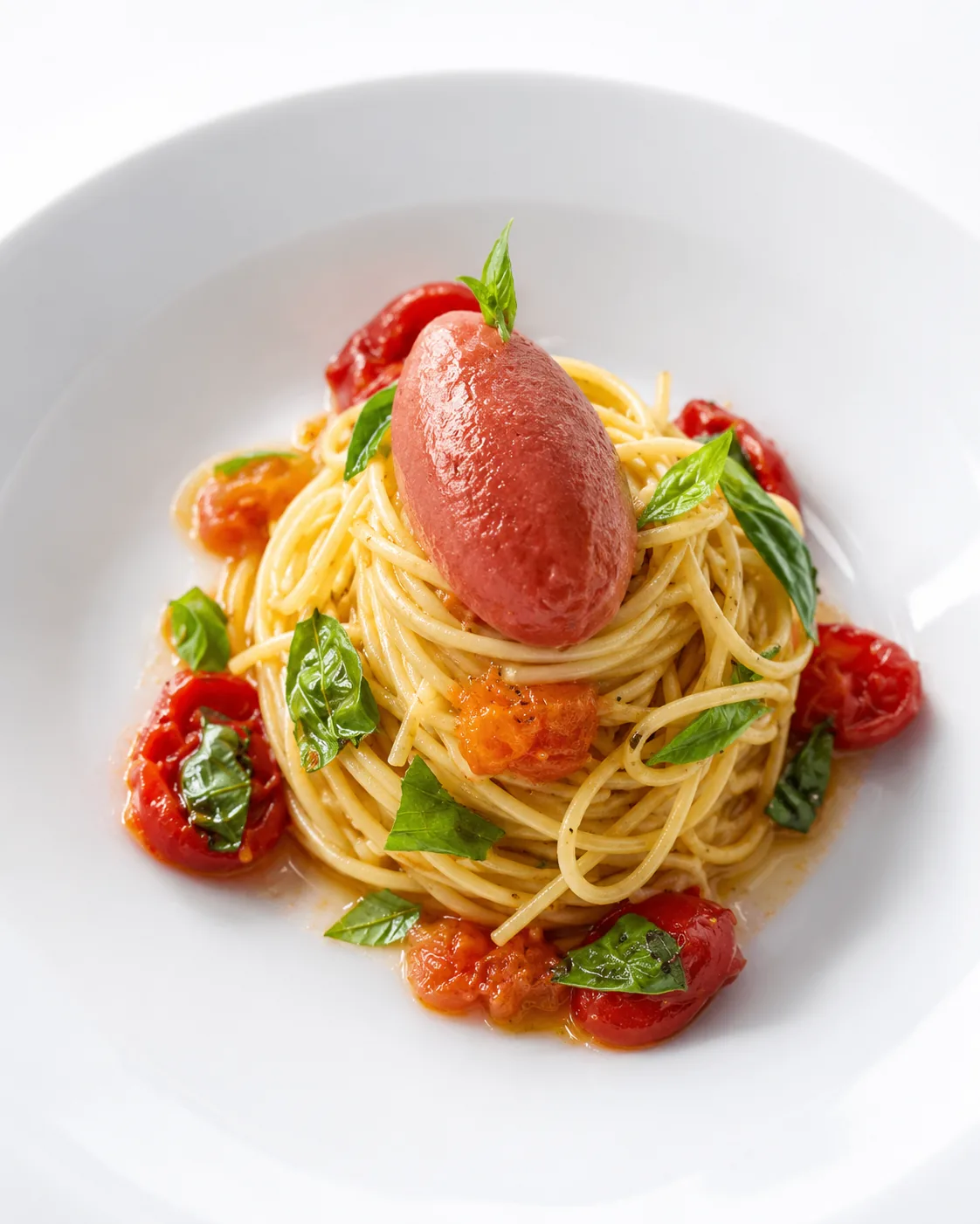 Spaghetti al pomodoro with tomato sorbet and fresh basil