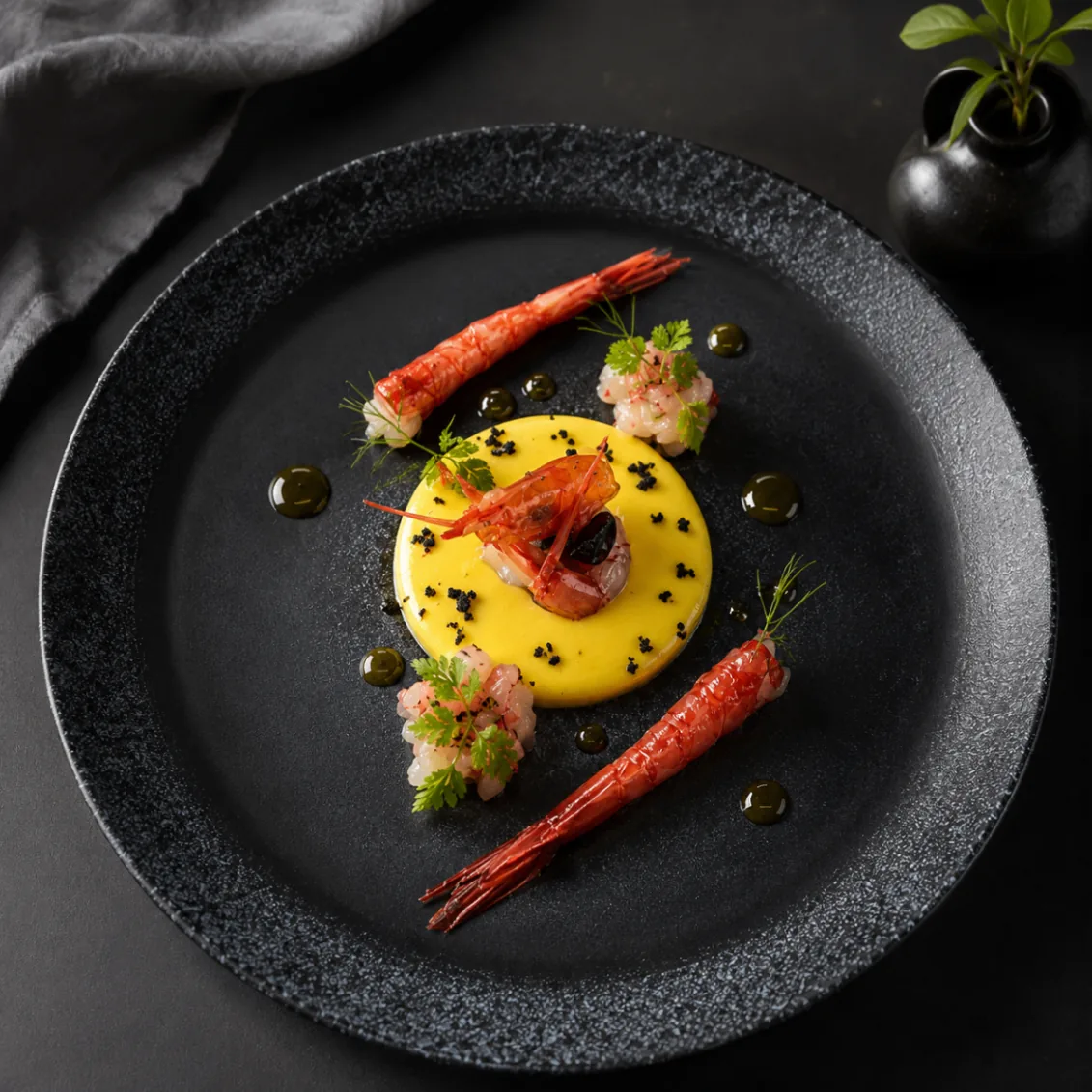 Red prawn crudo with saffron cream and caviar