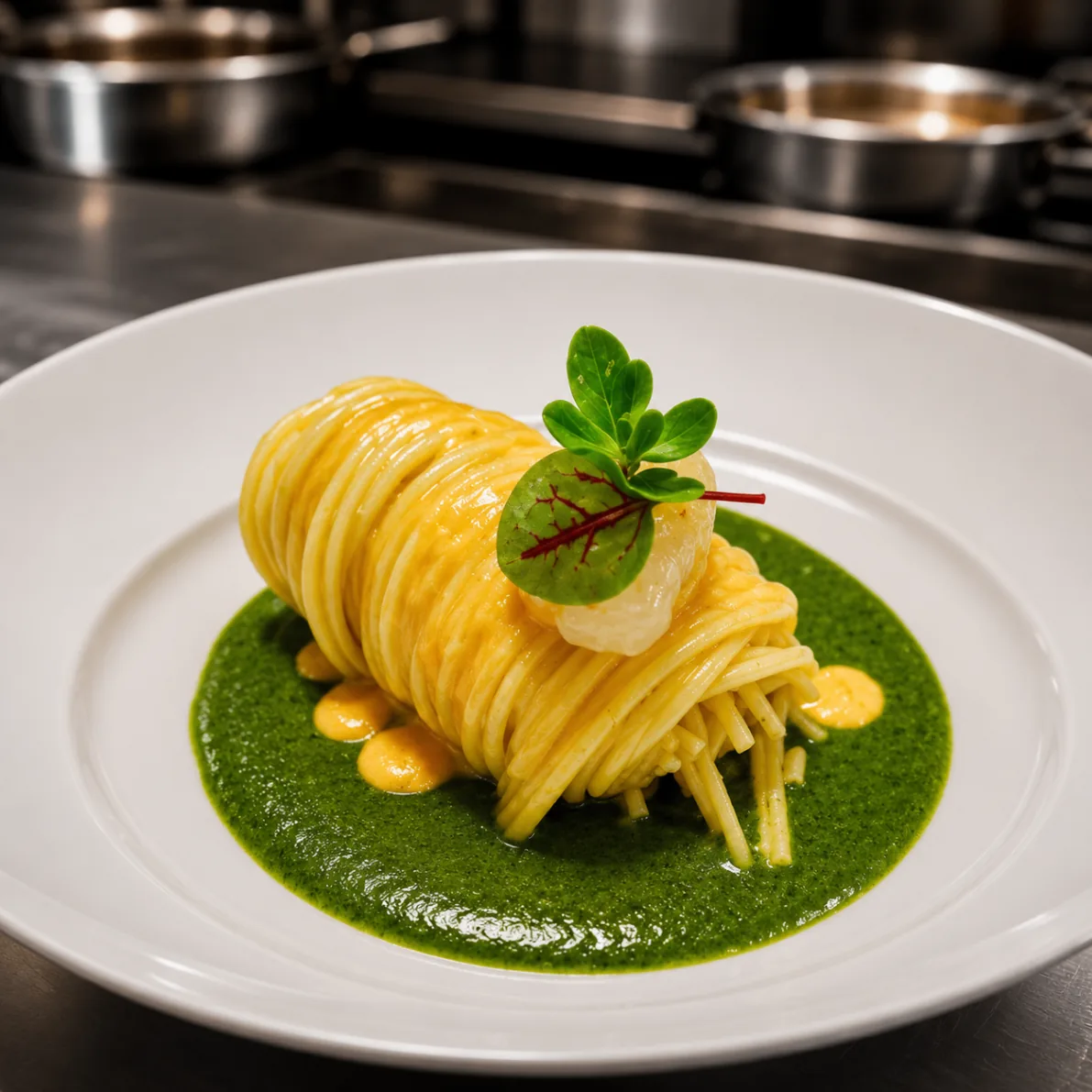 Spaghetti nest with saffron cream on vibrant basil sauce
