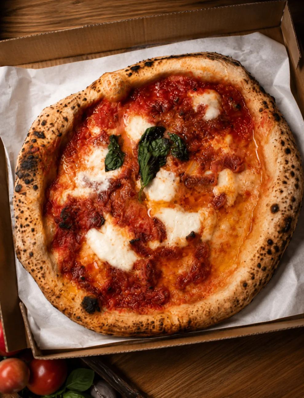 Neapolitan pizza with tomato, mozzarella, and basil