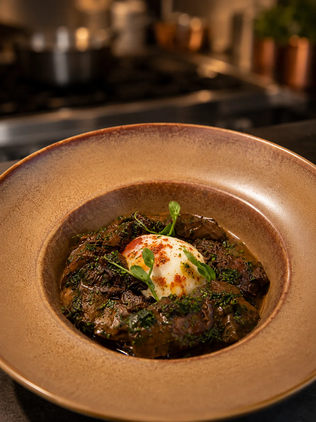 Slow-braised beef cheek with herbs and poached egg