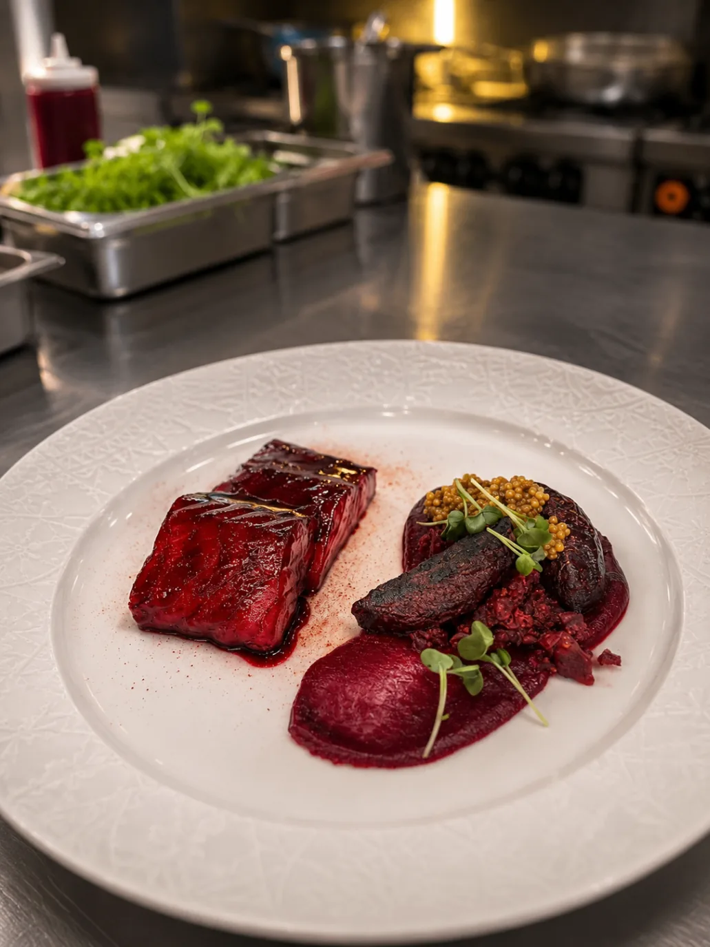Glazed beetroot fillet with mustard seeds and beet purée