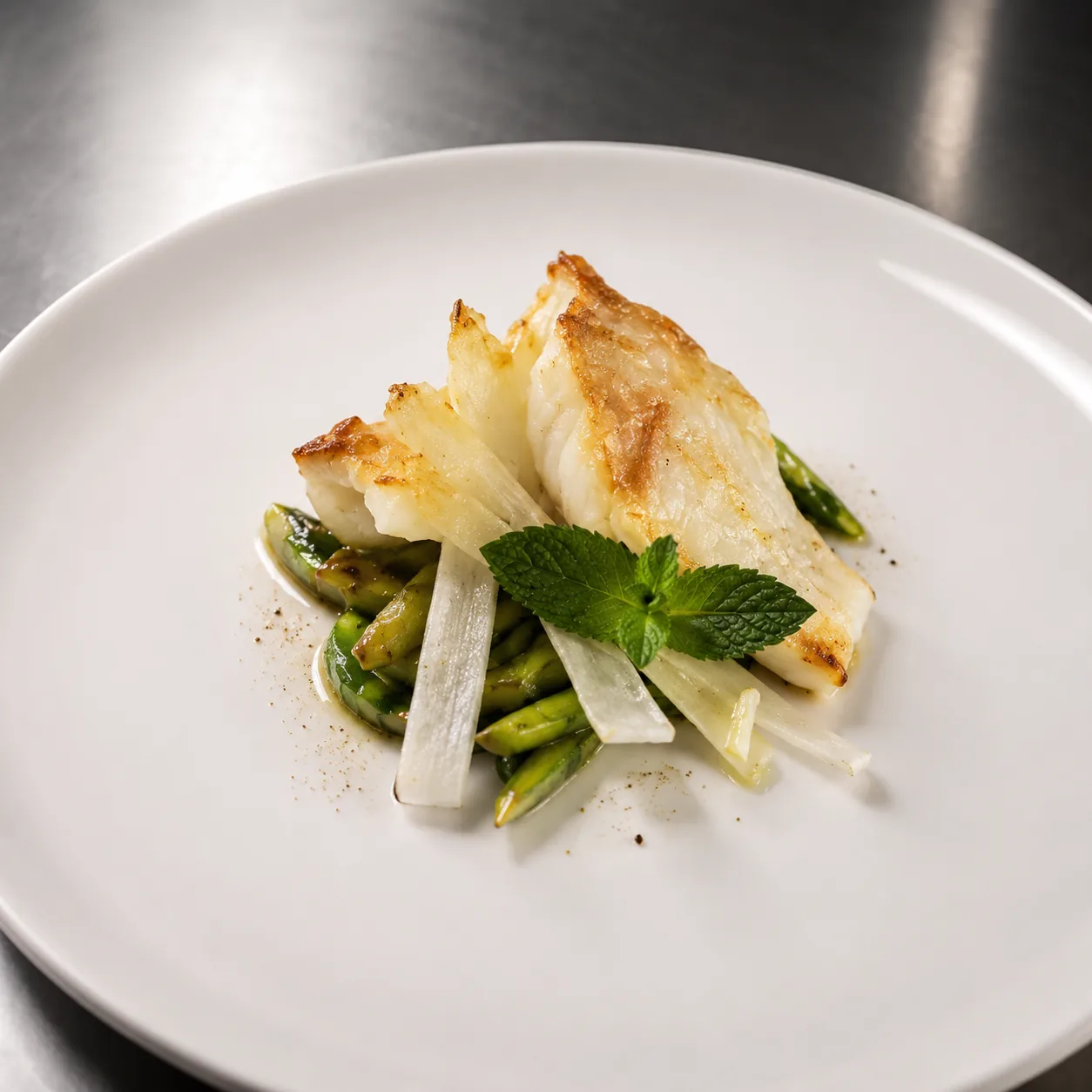 Pan-seared cod with asparagus and mint